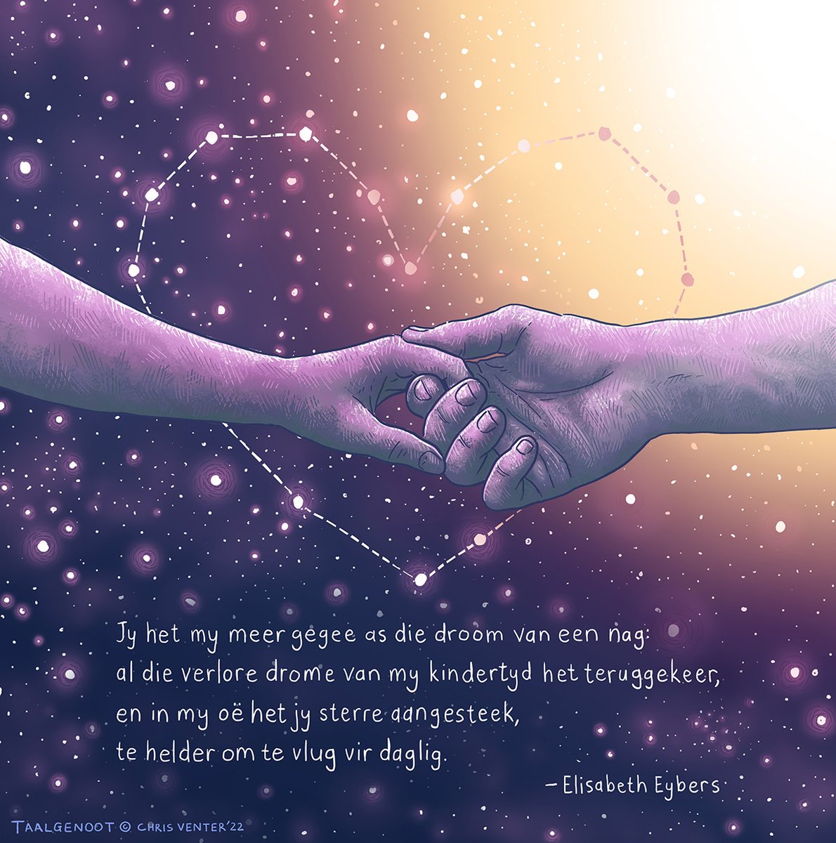ATKVSA's tweet photo. "Jy het my meer gegee as die droom van een nag:
al die verlore drome van my kindertyd het teruggekeer,
en in my oë het jy sterre aangesteek,
te helder om te vlug vir die daglig." – Elisabeth Eybers
#Afrikaans #liefde #februarie #gedig https://t.co/xTIGB7vTWo