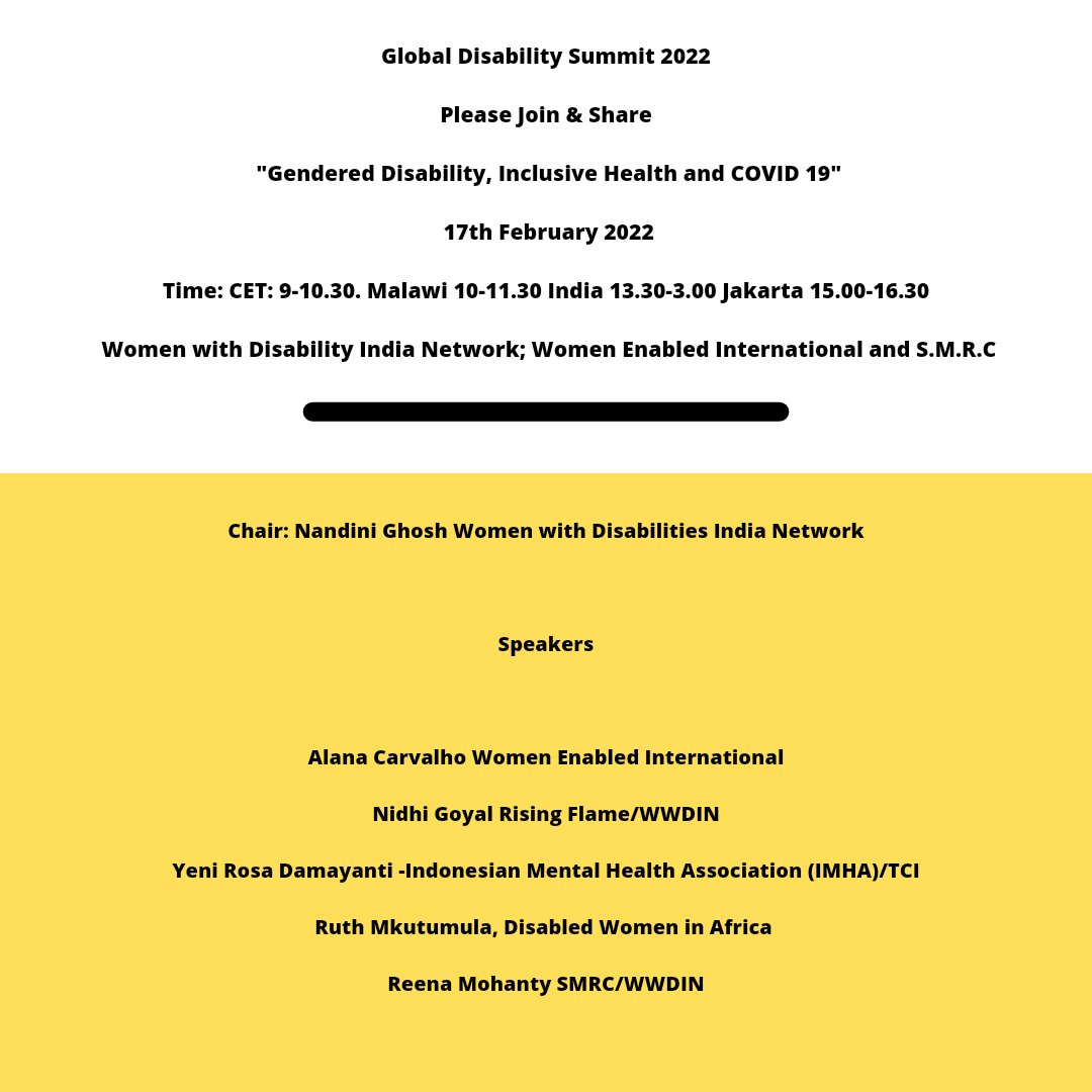Global Disability Summit 2022
Please Join &amp; Share
"Gendered Disability, Inclusive Health and COVID 19"
17th February 2022
Time: CET: 9-10.30. Malawi 10-11.30 India 13.30-3.00 Jakarta 15.00-16.30
us02web.zoom.us/meeting/regist…

#Mentalhealth #GDS2022 #COVID19 #Disability