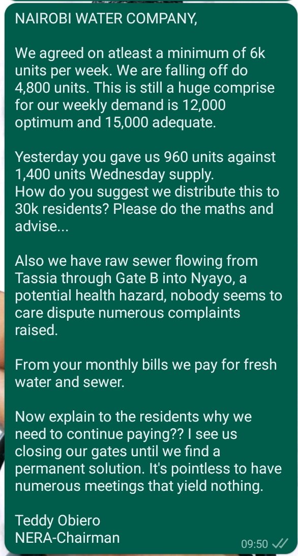 Teddy Obiero (@teddyobiero) on Twitter photo <a href="/NairobiWater/">Nairobi Water</a> seems like we are back it, 960units to serve 30k Nyayo residents, please indulge us...<a href="/nera_ke/">NERA Kenya</a> <a href="/NMS_Kenya/">Nairobi Metropolitan Services, NMS</a> <a href="/citizentvkenya/">Citizen TV Kenya</a> <a href="/NationAfrica/">Daily Nation</a> <a href="/StateHouseKenya/">State House Kenya</a> <a href="/HEBabuOwino/">Babu Owino</a> <a href="/Tuko_co_ke/">TUKO.co.ke | The Heartbeat of Kenya</a> <a href="/NairobiWater/">Nairobi Water</a> seems like we are back it, 960units to serve 30k Nyayo residents, please indulge us...<a href="/nera_ke/">NERA Kenya</a> <a href="/NMS_Kenya/">Nairobi Metropolitan Services, NMS</a> <a href="/citizentvkenya/">Citizen TV Kenya</a> <a href="/NationAfrica/">Daily Nation</a> <a href="/StateHouseKenya/">State House Kenya</a> <a href="/HEBabuOwino/">Babu Owino</a> <a href="/Tuko_co_ke/">TUKO.co.ke | The Heartbeat of Kenya</a>