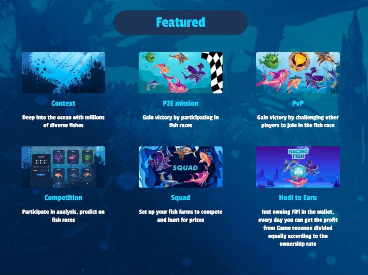 RACING FISH: SIX exciting features in ONE Gamefi!

Beside Play-To-Earn, the features also consist of gaming trends Predict-To-Earn and Hodl-To-Earn that will be driving you crazy and bringing you an amazing gaming experience with the FISHES!!!

#FishFinance #RacingFish #FiFi