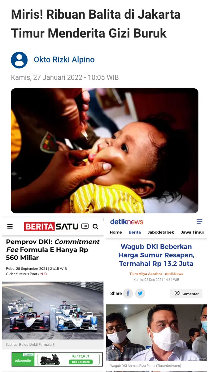 Sedih lihat uang rakyat dihambur-hamburkan Pak <a href="/aniesbaswedan/">Anies Rasyid Baswedan</a> untuk Formula E dan sumur resapan yang tidak jelas hasilnya, sementara ribuan balita di Jakarta menderita gizi buruk.

Ini anak-anak masa depan bangsa. 😢