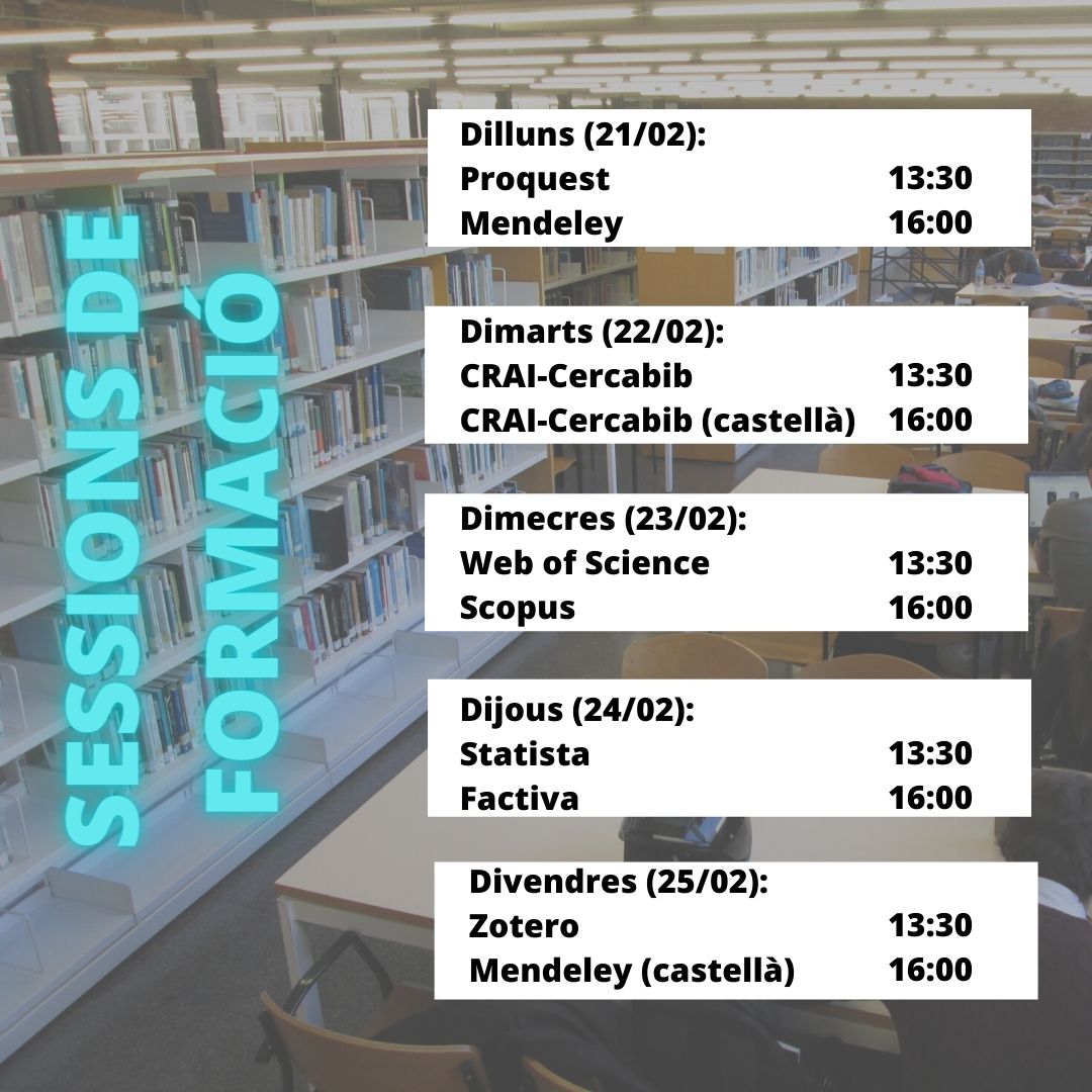 #Formació | 🗓️💻 Properes sessions en línia programades pel #CRAI Biblioteca d'Economia i Empresa.

Cal inscripció prèvia a 👉 bit.ly/34GnYM8

#CRAIUB #SomCRAI #SocUB #UniBarcelona #usuariscraieconomia #estudiantsUB #professoratUB  #recercaub #QuèFemALesBiblios
