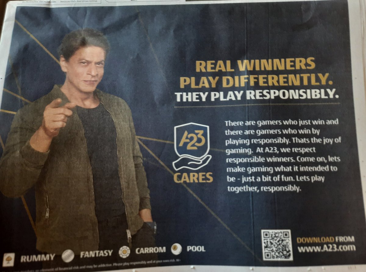 Appreciate the ad campaign started by @Ace2Three by roping in superstar @iamsrk to promote playing responsibly, within limits & reiterating that minors are not allowed to play real money games.