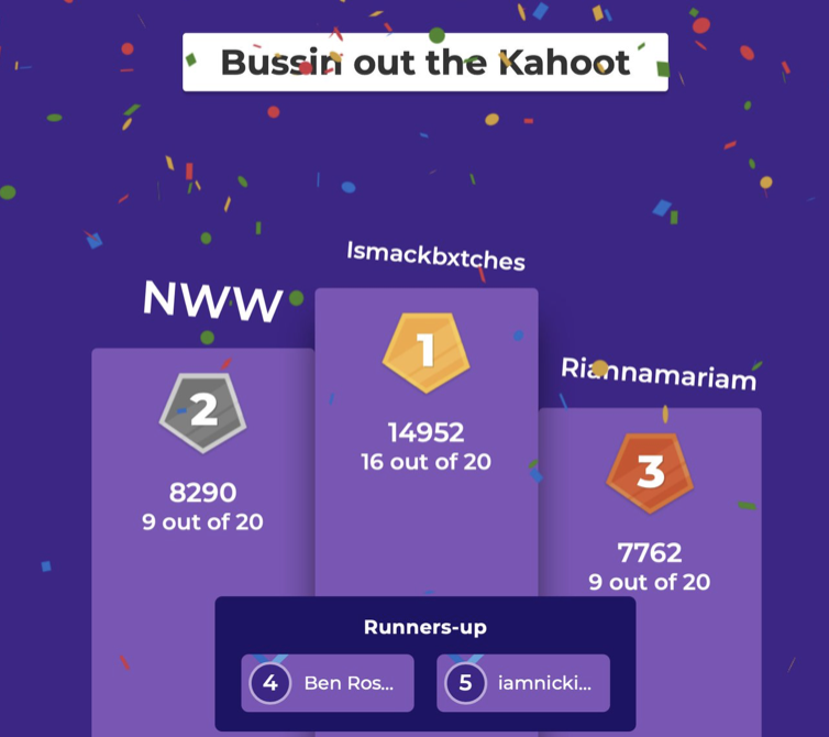 EXECUTIVEXMEDIA's tweet photo. Congratulations Round 1 Champs 🏆 @ArchivesNicki @UniversityMinaj @riannamariam @Ben34735669 @jay_bandzss #NickiSon 🎉 #BarbzKahoot Round 2 Code: 312 5205 USA 🇺🇸 x International🌎Barbz weekly collabs @Kahoot x @Stationhead🦄 @NICKIMINAJ Join: https://t.co/xF9SZ4d5nT https://t.co/x4ikzQvjPv