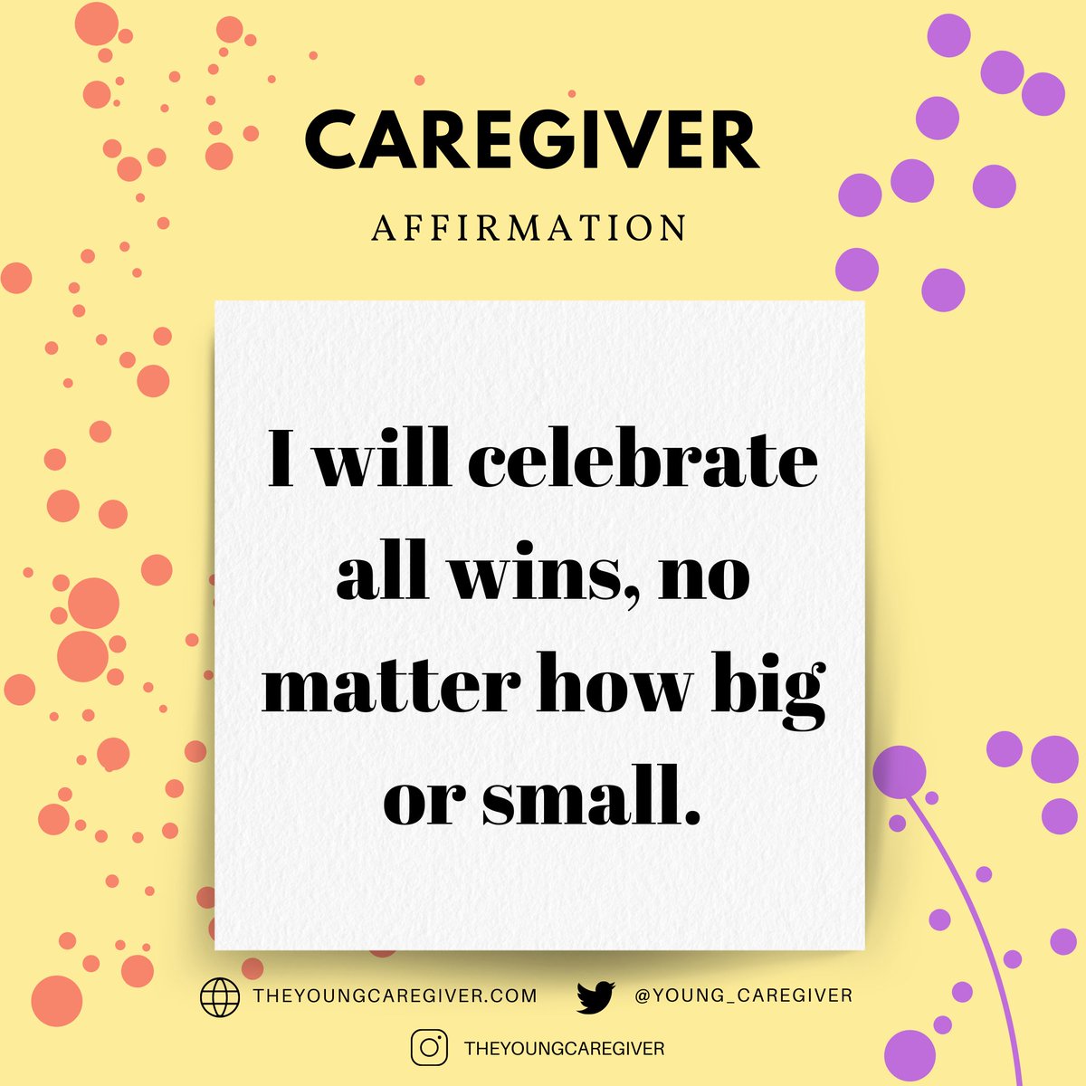 Celebrate your wins. A win can be bedtime happened an hour earlier, pat yourself on the back. I would get excited if I cooked enough food to last 3 days instead of 2. What was your last win? #theyoungcaregiver #caregiveraffirmations #selflove #selfcare #caregiver