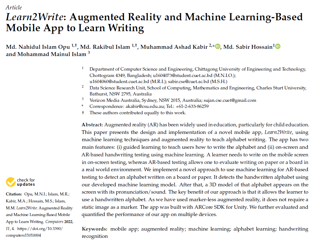 Computers_MDPI's tweet photo. Learn2Write: #AugmentedReality and #MachineLearning -Based #MobileApp to #LearnWriting https://t.co/CiX8ZBaMNO by Muhammad Ashad Kabir from @CharlesSturtUni #handwritingrecognition https://t.co/w76n93yIH6