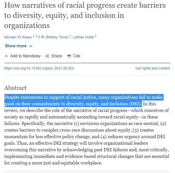 "Despite statements in support of racial justice, many organizations fail to make good on their commitments to diversity"

Highly relevant new paper by <a href="/mwkraus/">Michael W. Kraus</a> w/ @BrittTorrez <a href="/LaStarrHollie/">LH</a>

sciencedirect.com/science/articl…