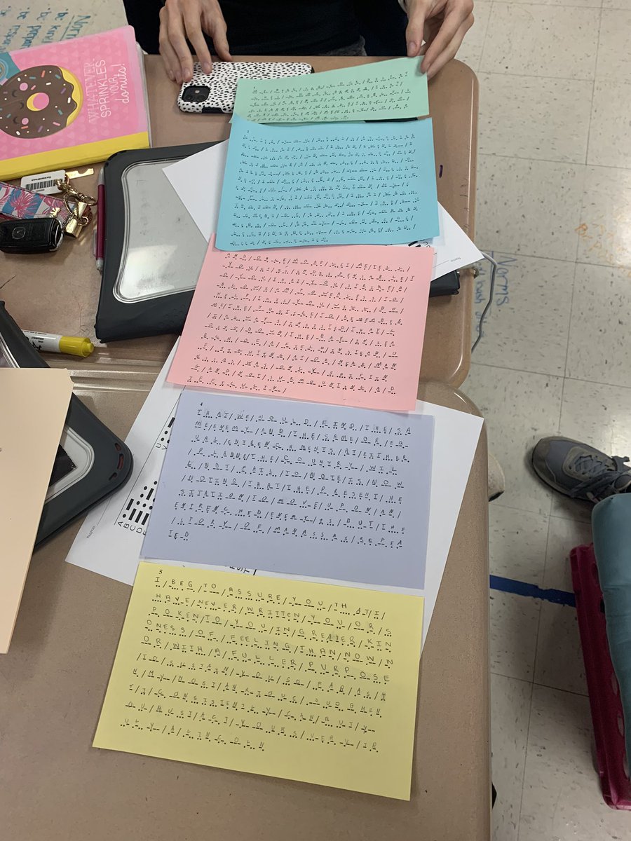 CloverTCs's tweet photo. Students had to decipher battlefield correspondence from President Lincoln today! Looks like we had a few Morse Code experts in here today. Groups were able to earn stickers for their Team…they were all pushing for those valuable @RodRuth1 ones! https://t.co/2ASDD9NUfi