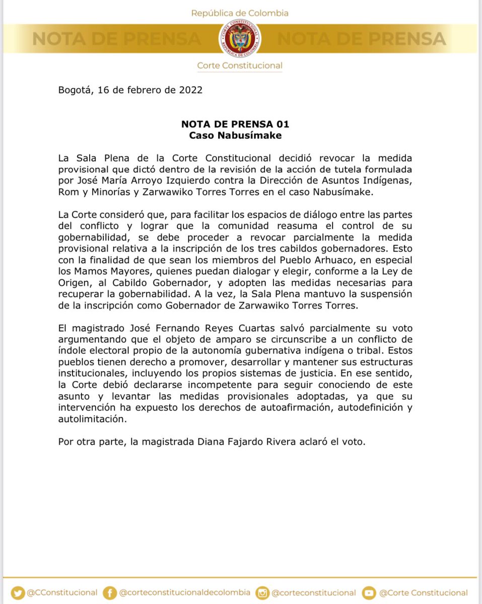 CConstitucional's tweet photo. #LaCorteInforma | La Sala Plena decidió revocar la medida provisional que dictó dentro de la revisión de la acción de tutela formulada por José María Arroyo Izquierdo contra la Dirección de Asuntos Indígenas, Rom y Minorías y Zarwawiko Torres Torres en el caso Nabusímake. https://t.co/cQ60RxaINB