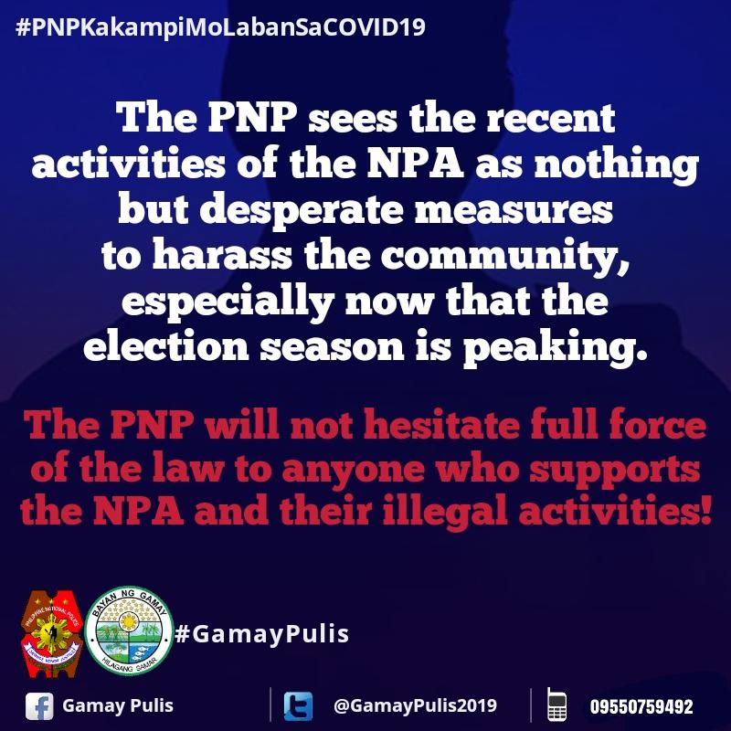 pnpgamay's tweet photo. Campaign Against NPA's extortion scheme. 
#PNPKakampiMo
#PNPPulisAtKomunidad
#NoToNPA https://t.co/e09DzfvfKZ