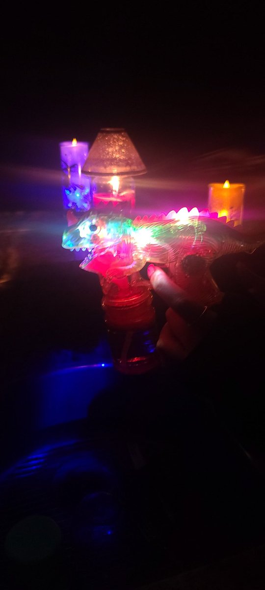 Evening by candlelight....one hour down with the Januaries, the October and the grand ❤❤ 
Power pole on fire 23 and Lembcke.
Grandma for the win with the Dino  bubble maker- who knew it lights up ANND roars....🤷‍♀️