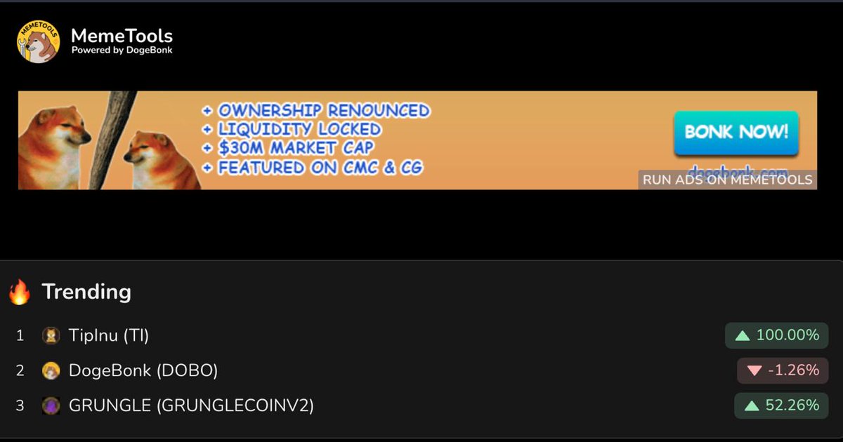 GrungleOfficial's tweet photo. WE ARE TRENDING #3 ON @memetoolsapp !!! Have you gotten your #GrungleCoin yet??? #GrungleGang ... #GRUNGLE IS the future of finance. Join us!
https://t.co/FrC9fhPlKv
https://t.co/X3uhHwoXLF
#BSCGem #100xgem #1000xgem #BSC #memecoin @GrungleCoin https://t.co/RztzkgkA1a