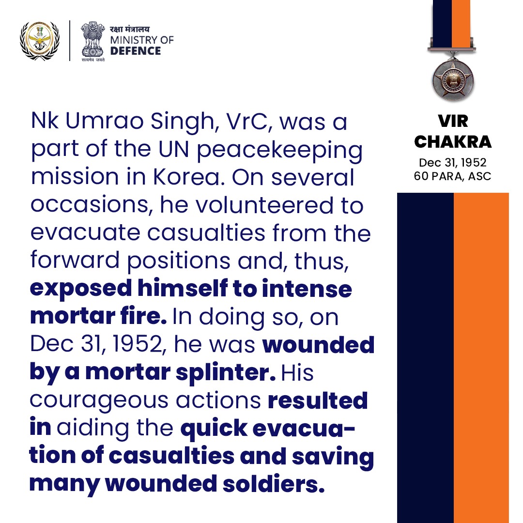 Naik Umrao Singh was awarded #VirChakra for his undying devotion to duty, and risking his life on several occasions to evacuate casualties, during the #peacekeepingmission in #Korea on Dec 31, 1952.

More on - gallantryawards.gov.in/awardee/1805