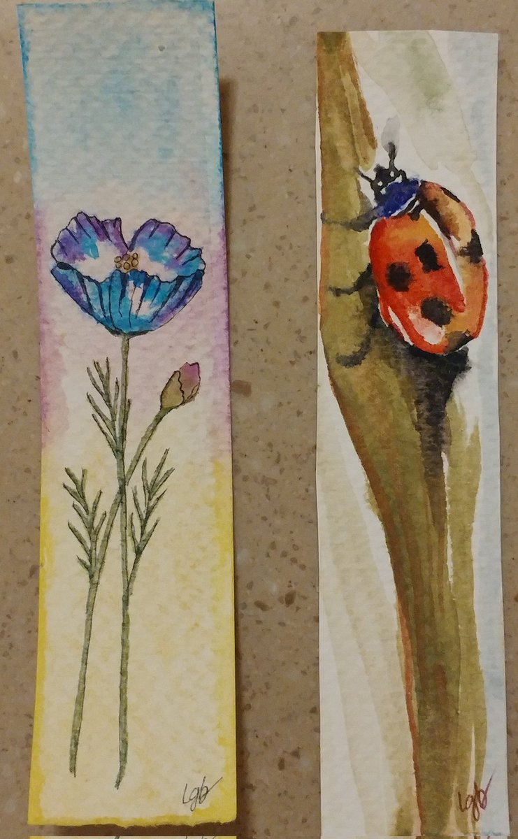 Today's bookmarks. For $5 each (in the US), original art, selling fast. All proceeds this month go to a nonprofit where I do open mic poetry. Ping me if interested.