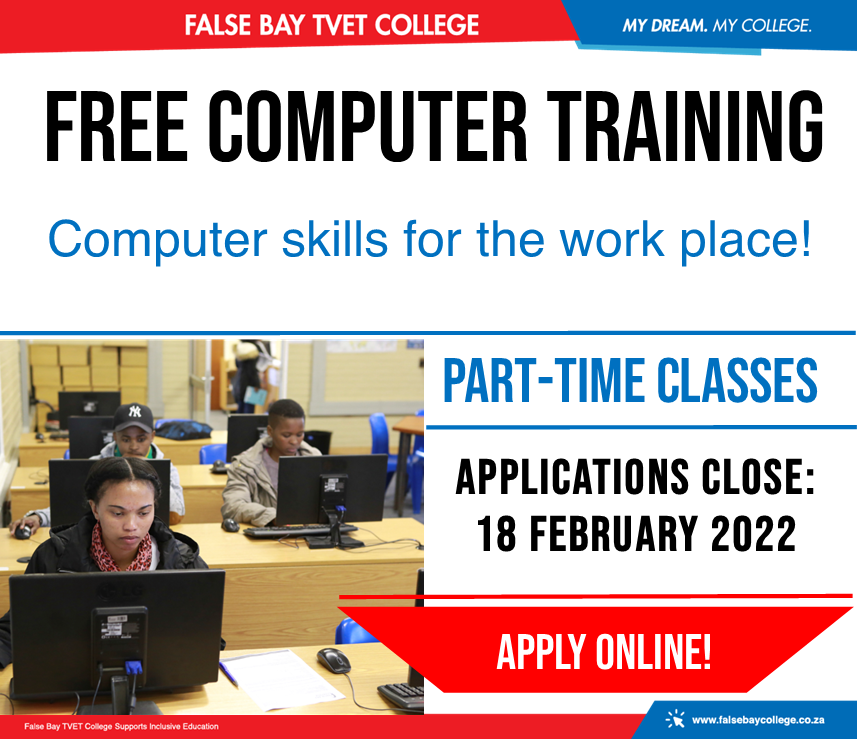 FalsebayCollege's tweet photo. FREE STUDY OPPORTUNITY!
FREE PART-TIME study opportunity. International Computers Drivers Licence (ICDL) focuses on practical application in the workplace. Requirements Grade 11 Certificate with English 50%, Maths 40%, Math Lit 50%. Apply on https://t.co/jqVOH8Bte4
#StudyICT https://t.co/wjcU6oPqLW
