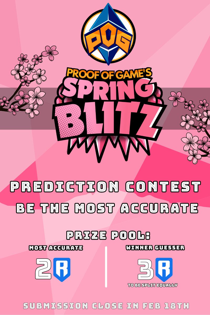 #SpringBlitzPredictionContest

Win RON rewards with just your predictions! Anyone can join if you're on discord.gg/proofofgame

Only one prediction per person is allowed, so make it the best you can ✨

- Ends Feb 18

So submit your predictions now! 👇
challonge.com/POG_SpringBlit…