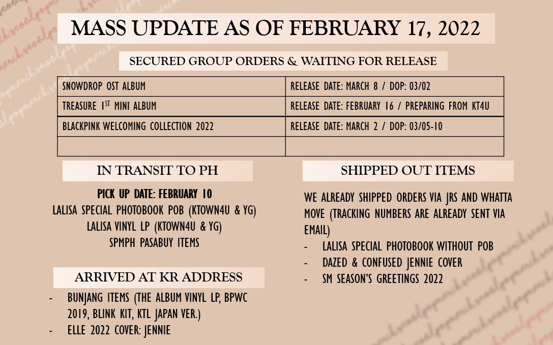 seoulpopmerchph's tweet photo. MASS UPDATE AS OF FEBRUARY 17, 2022

Make sure to read our mass update today ^^

For Lalisa Vinyl LP buyers, we have sent an important notice (for shipping fee) via email. Thank you

If you have any questions / concerns, kindly DM us. https://t.co/JSP3OxX2Yu