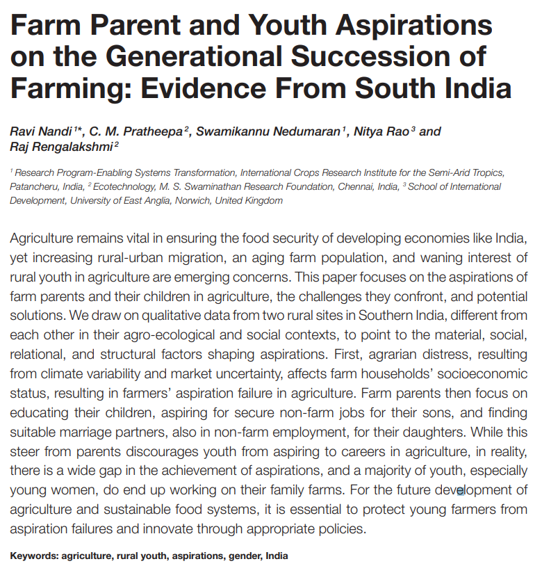 Grain Legumes and Dryland Cereals (GLDC) (@gldc_cgiar) on Twitter photo Evidence suggests that #aspiration failure in #agriculture drive parents to steer their youth from agri-careers. But a wide gap in achievement of aspirations see a majority of #youth end up working in their #family farms.
Implications: bit.ly/352wNzR #OneCGIAR <a href="/Nedu1978/">Nedumaran S</a> Evidence suggests that #aspiration failure in #agriculture drive parents to steer their youth from agri-careers. But a wide gap in achievement of aspirations see a majority of #youth end up working in their #family farms.
Implications: bit.ly/352wNzR #OneCGIAR <a href="/Nedu1978/">Nedumaran S</a>