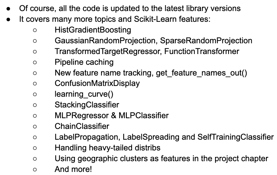 The Early Release of the 3rd edition of my book is now available! homl.info/er3 🎉
It currently includes the first 9 chapters, raw &amp; unedited.
It's the same overall structure as the 2nd edition, but with many improvements: