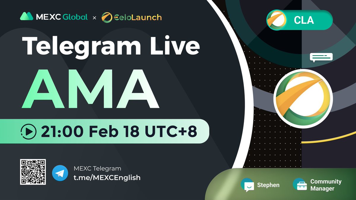 @MEXC_Global AMA with <a href="/CeloLaunch/">CeloLaunch</a> $CLA

📍TG group: t.me/MEXCEnglish
⏰21:00 Feb 18 (UTC+8)

✅Follow <a href="/CeloLaunch/">CeloLaunch</a> &amp; @MEXC_Updates &amp; @MEXC_Fans with screenshots comment as proof
✅RT &amp; Like &amp; Tag 3 with #MEXCGlobal
✅KYC MEXC Email

🌈10 ppl* 10 $USDT 

#Giveaway