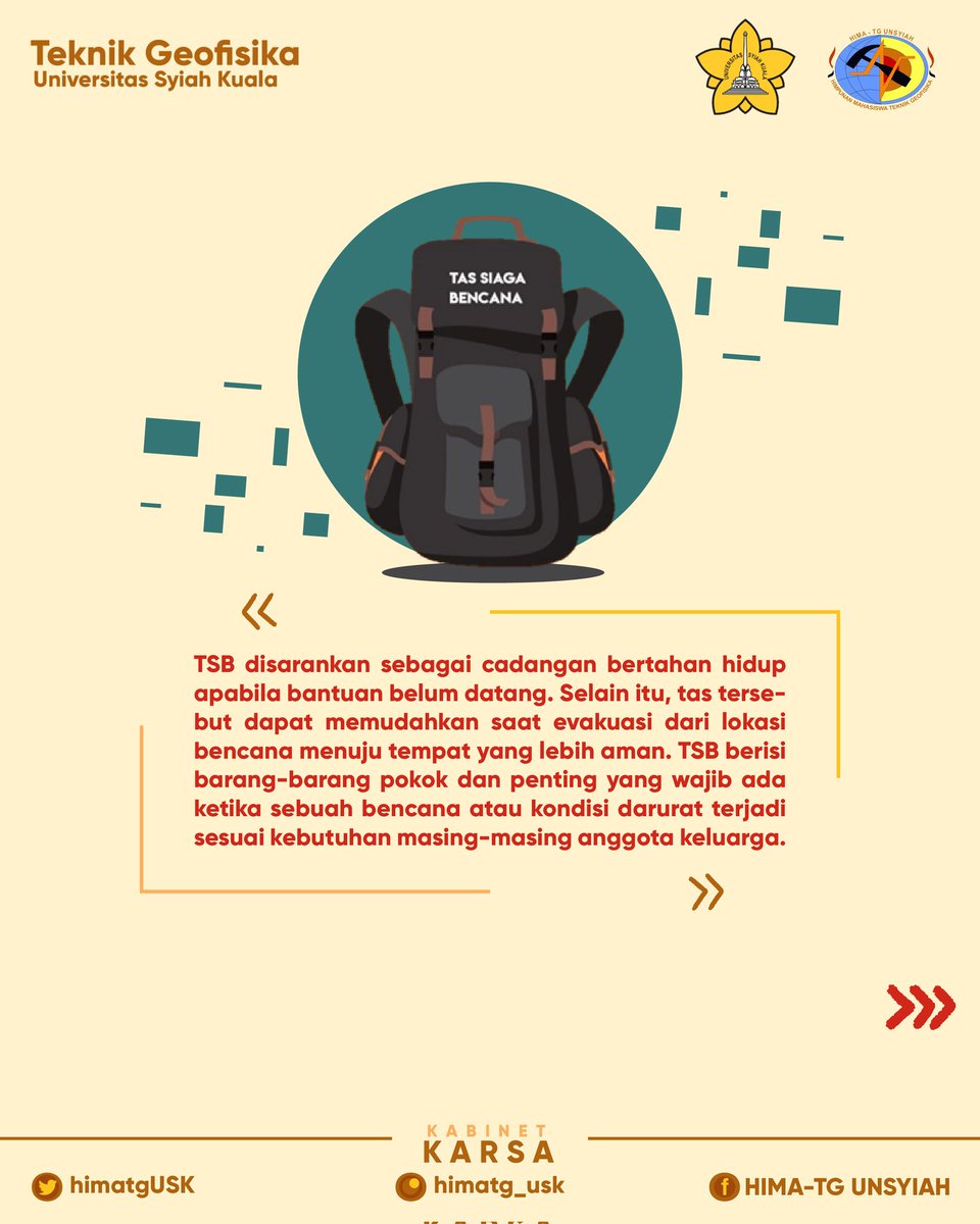 himatgUSK's tweet photo. GEOPHONE]

Holaa, back to Geophysics Information Everyweek lagiii. Kali ini kita bakal bahas mengenai TSB atau Tas Siaga Bencana. Eh, emang perlu ya ada TSB? Yuk simak penjelasannya!

#GEOPHONE
#TeknikGeofisikaUSK
#KabinetKARSA
#universitassyiahkuala https://t.co/mPKsoEtWpu