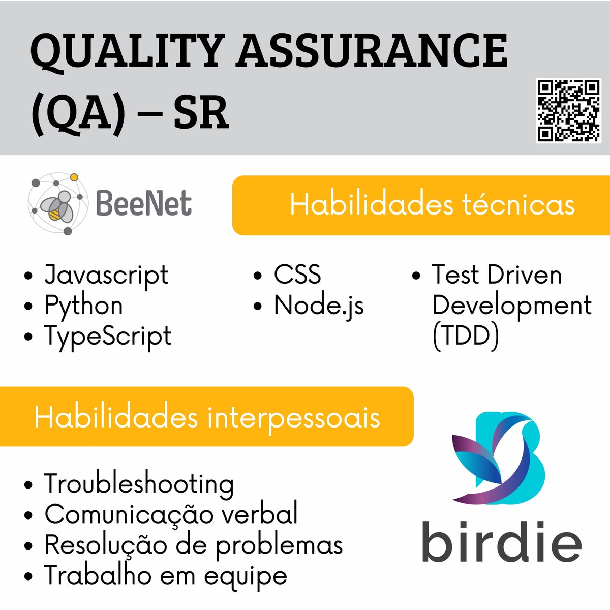 beenet_ia's tweet photo. Procurando a vaga dos sonhos no mundo Tech? Faça parte da Birdie !

A Birdie está com 2 novas oportunidades em aberto, sendo uma para Software Engineer Front-End – Sr e outra para Quality Assurance
(QA) – Sr.

@ViUmaVaga #tech #vagastech #TI https://t.co/b0r1u23asz