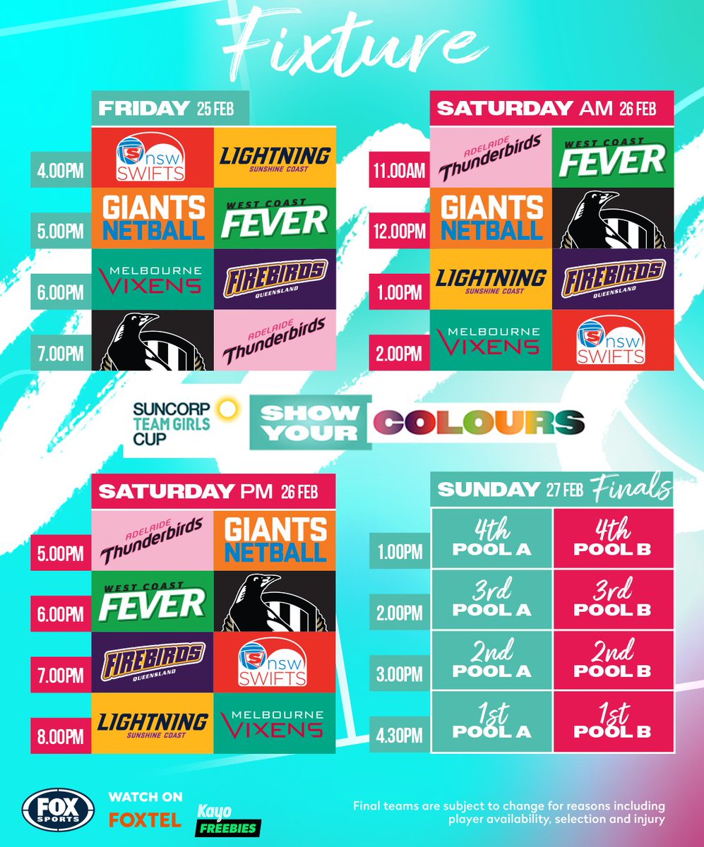 SuperNetball's tweet photo. The full fixture for the 2022 Suncorp Team Girls Cup preseason tournament has been released, with all eight teams playing four games each across three days in Melbourne.
Full details - https://t.co/Hj2BZYgq1T https://t.co/I8ZrjVpwG4