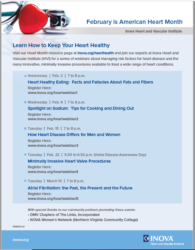 There is still time to catch a few of these great heart heathy webinars at inova.org/hearthealth 
#DMVreddress #hearthealth #heartlinks #heart #TheLinksInc #EALinks #loudounlinks #Inova