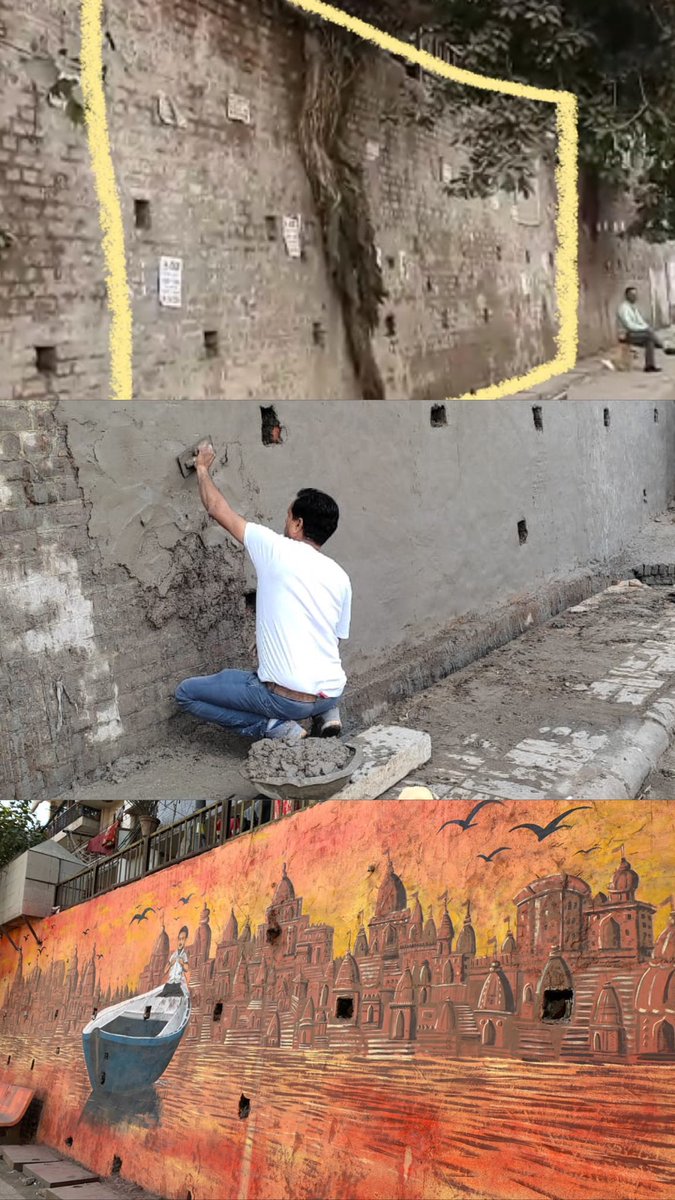 Come and enjoy the Spirit of #Kashi in #Delhi! Turned a dirty wall into a beautiful and inspirational Painting! First of its kind-400ft long, @NorthDmc with @delhistreetart @LtGovDelhi @SwachSurvekshan @swachhbharat
