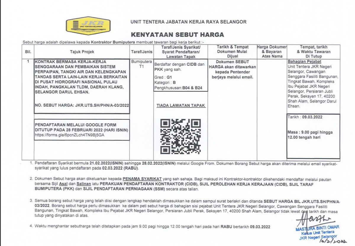 Iklan Sebut Harga Senggaraan Awam di Pangkalan TLDM Pusat Hidrografi Nasional Pulau Indah, Selangor.
<a href="/syikun/">Muhd Asyikun</a> 
<a href="/masturaomar10/">masturaomar</a> 
<a href="/jkrtudmsubang18/">JKR TUDM SUBANG</a> 
<a href="/JKRSelangor/">JKR Selangor</a> 
<a href="/csfbjkr/">CSFB JKR</a>