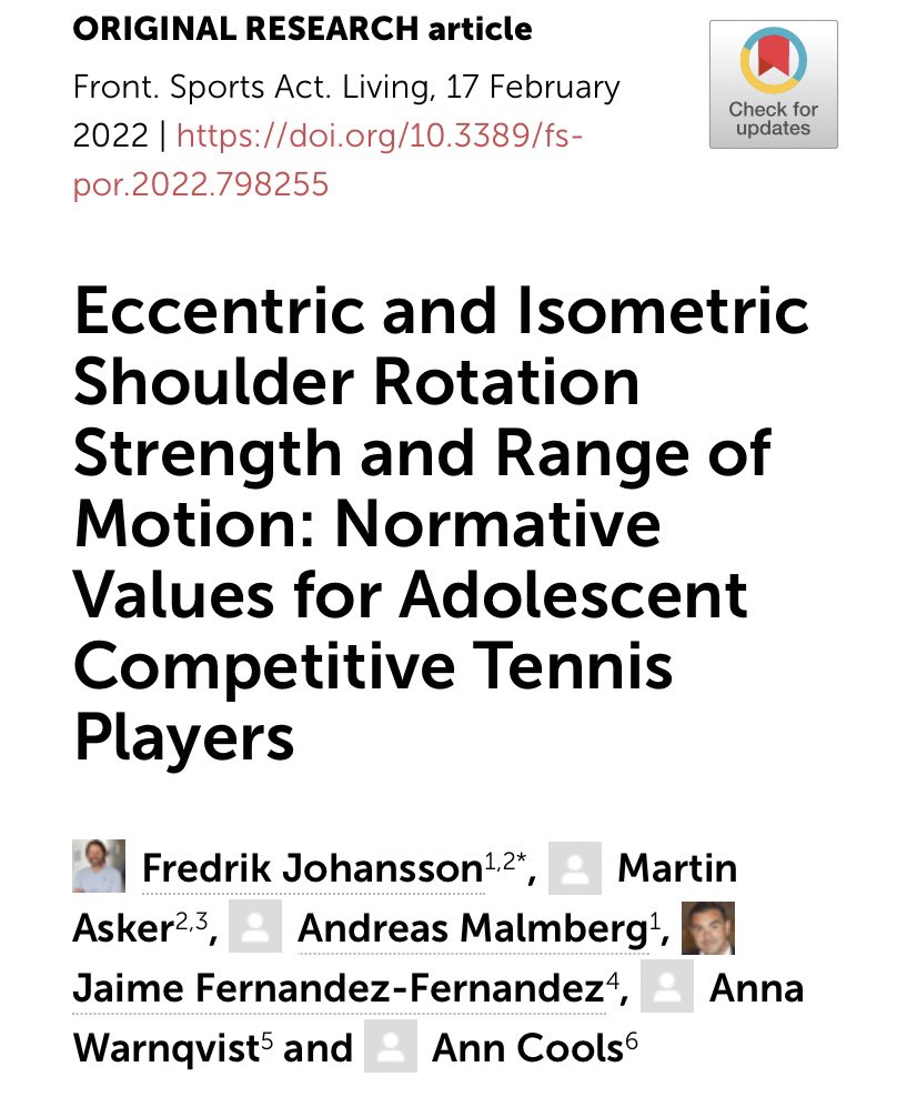 New article on shoulder assessment in adolescent high performance tennis 🎾 players #SMASHstudy. Great teamwork 👏 by @anncools4 @martinasker @Jauma_Fernandez and A Malmberg & A Warnqvist 👀 here for Open Access link frontiersin.org/articles/10.33… 🙏 to all players