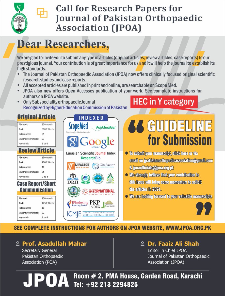 JournalofPakis1's tweet photo. Call for Research Papers for JPOA

#JPOA #POA #orthopedicsurgery #medicaljourney https://t.co/gCbdROB56H