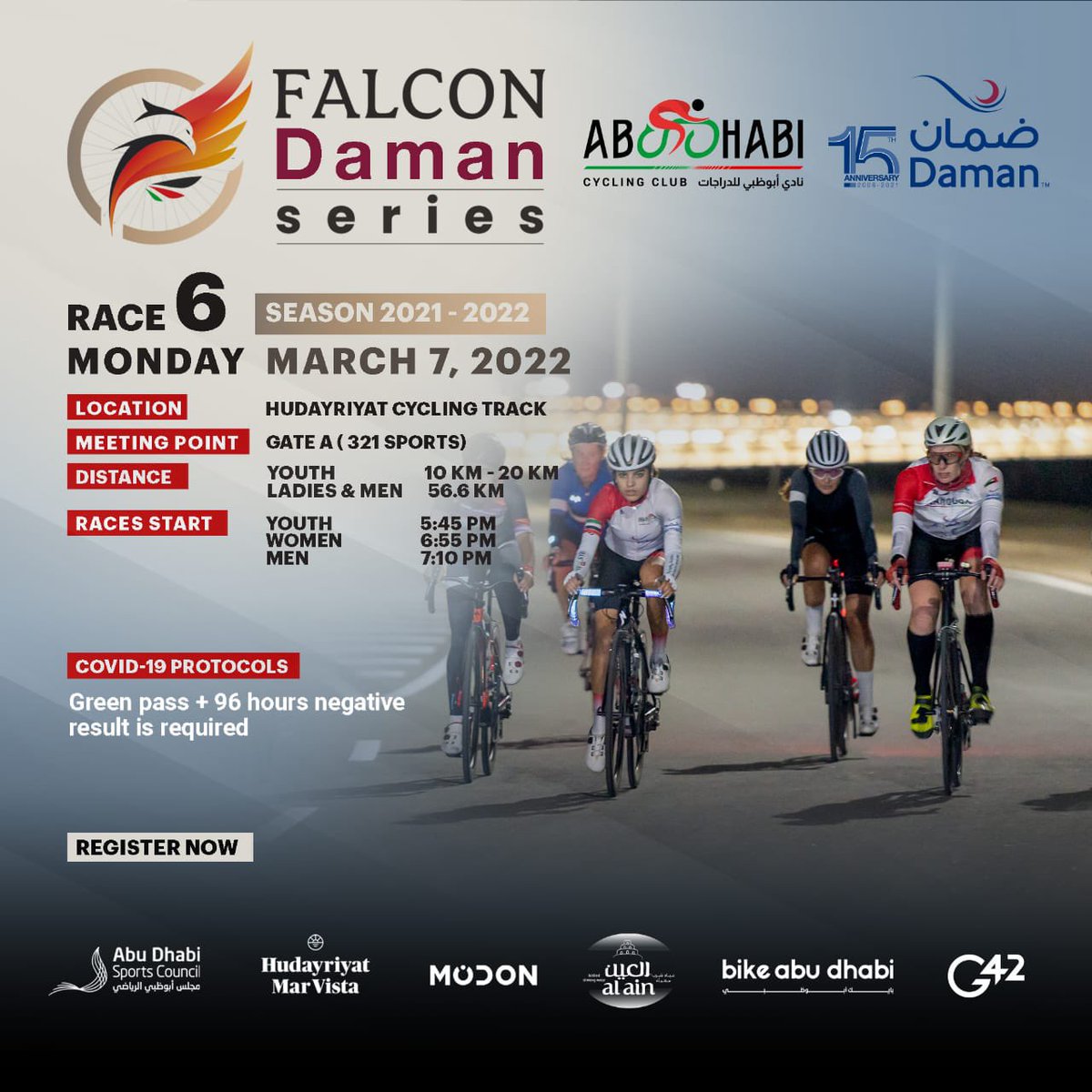 damaninsurance (@damaninsurance) on Twitter photo It’s almost time for the FINAL Falcon Daman Race of the Season! 🚴
🗓 March 7th
⏱ 5pm
📍<a href="/Hud_MarVista/">Hudayriyat Island</a>
Register for your spot today via: my.raceresult.com/180149/
*All attendees must be vaccinated & have a 96 negative PCR test in order to attend! It’s almost time for the FINAL Falcon Daman Race of the Season! 🚴
🗓 March 7th
⏱ 5pm
📍<a href="/Hud_MarVista/">Hudayriyat Island</a>
Register for your spot today via: my.raceresult.com/180149/
*All attendees must be vaccinated & have a 96 negative PCR test in order to attend!