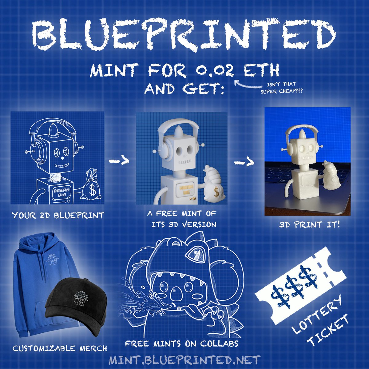 🤖🔥 MINTING NOW at 0.02 eth! To celebrate here’s an #NFTGiveaway 🚀

5 Blueprinted NFT 🤖

1️⃣ Like + RT
2️⃣ Follow @blueprinted_nft
3️⃣ Tag 3 NFT influencers you appreciate 🤖💙

⏳Ends in 24 hours. You can mint yours at mint.blueprinted.net 

#NFT #NFTCommunity #NFTs #NFTGame