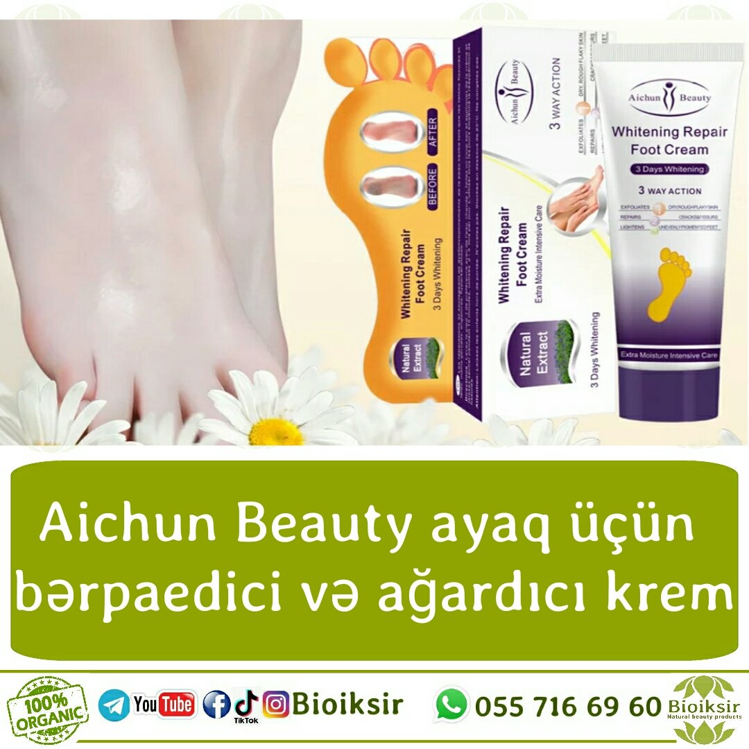 Aichun Beauty 
Ağardıcı və bərpaedici ayaq üçün kremi.
🐾Yumşaldıcı və nəmləndirici maddələrin xüsusi qarışığı ilə optimal müalicəni təmin edir.
Çatlamış,qurumuş ayaqları nəmləndirir, qidalandırır, ağardır,
Ölü hüceyrələrdən arındırır bərpa edir.
#bioiksir
#footcream