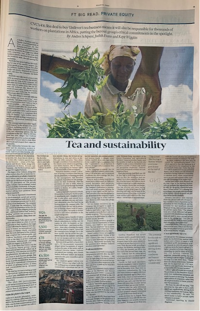 Tea and #sustainability, this <a href="/FT/">Financial Times</a> Big Read is impressive. The sale of <a href="/Unilever/">Unilever</a> tea business to #PrivateEquity group #CVC has become a testing ground for how private equity groups approach real life problems for workers. About real #impact and change, beyond #ESG