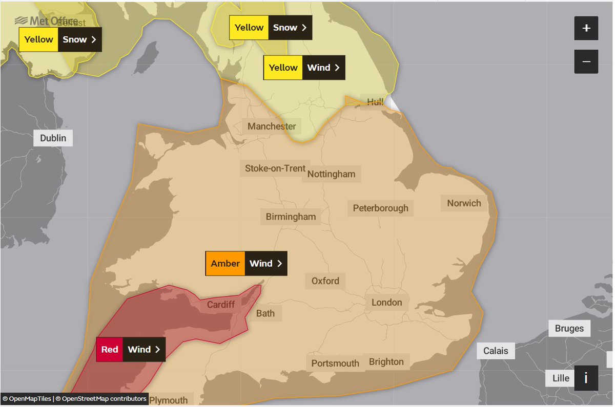 essexhighways's tweet photo. With rare 'red' weather warning announced for parts SW England &amp; Wales and Amber warning for most of  rest of England, for dangerous winds tomorrow, we suggest trying to avoid travelling Friday if poss. QE2 &amp; Orwell Bridges may close too. Warning details: https://t.co/TYbjzYsOEb https://t.co/yjS7oPQDb2