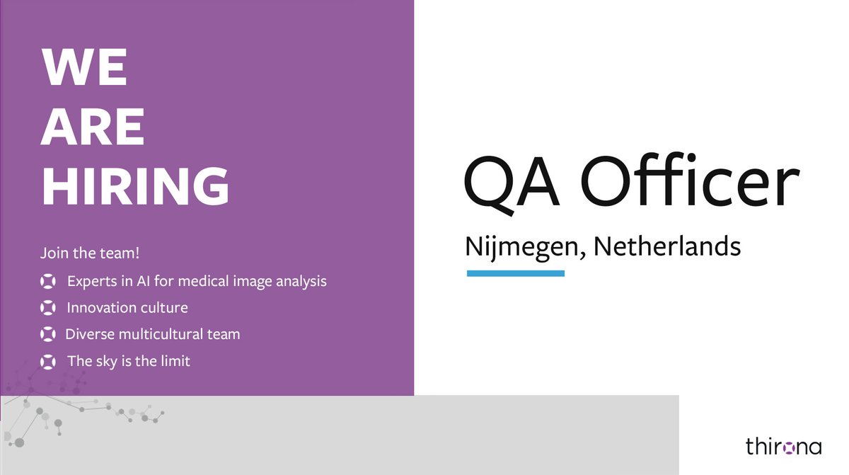 ThisIsThirona's tweet photo. We are looking for a QA Officer to work on further improvement of our Quality Management System in one of the leading #AI companies in #medical space!
Check this out: https://t.co/FCQxLp1qgp
#Medicalanalysis #imageanalysis #qualityassurance https://t.co/yZuwgozwQY