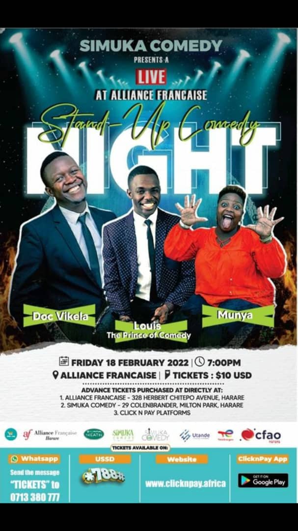 simukacomedy's tweet photo. This Friday 18 Feb 2022, @simukacomedy presents a live stand-up comedy show at Alliance Franรงaise (Old Mutual Theatre) Ft Award winning comedian Doc Vikela ,Louis and Munya.
Advance tickets now available. We deliver to where you are around Harare
#SimukaComedyClub
#SimukaComedy https://t.co/m3WvvgifaG
