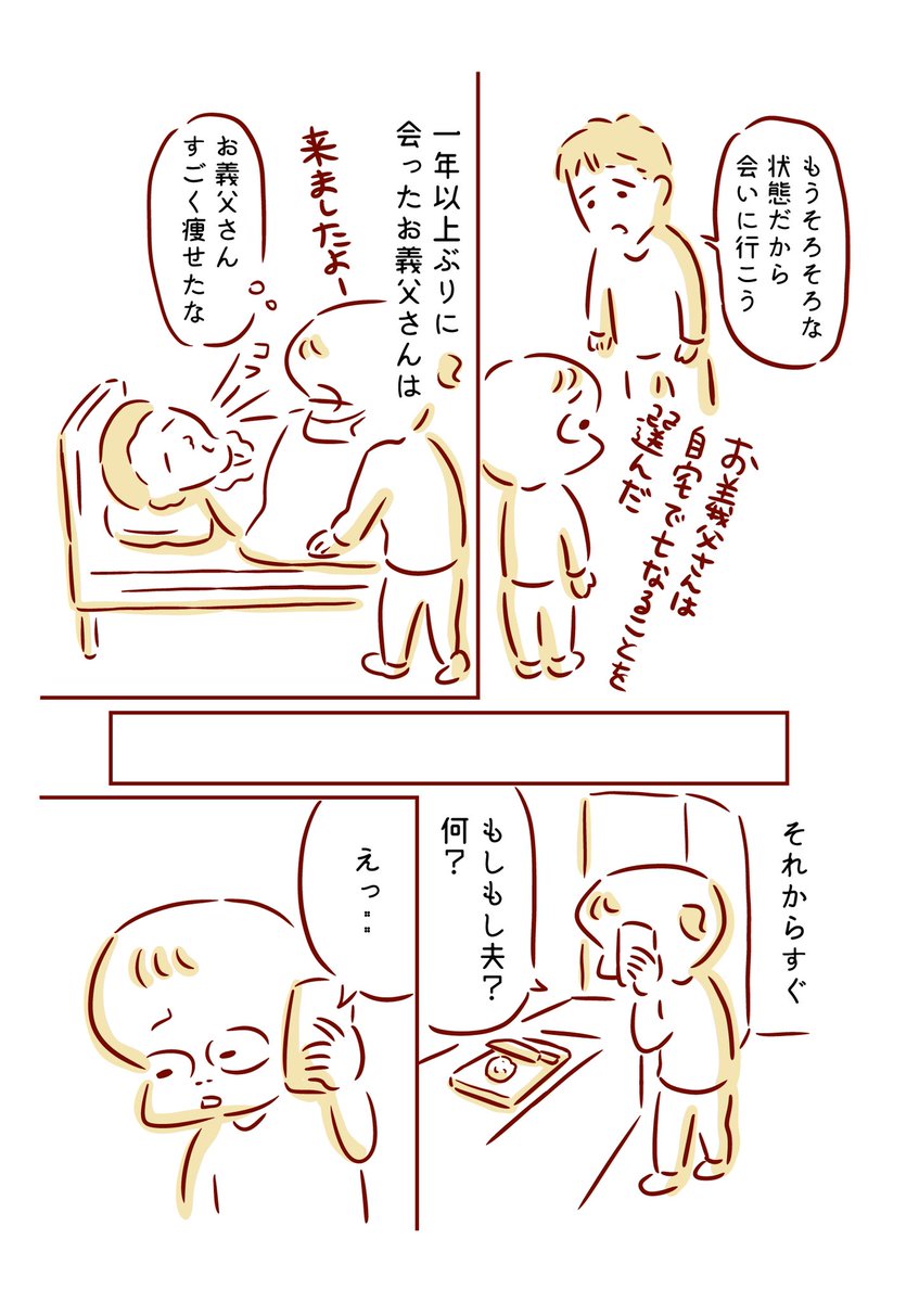 「柩の中のお義父さんがハンチング帽を被った日」
去年に描いたお葬式でのことです。
1/4 