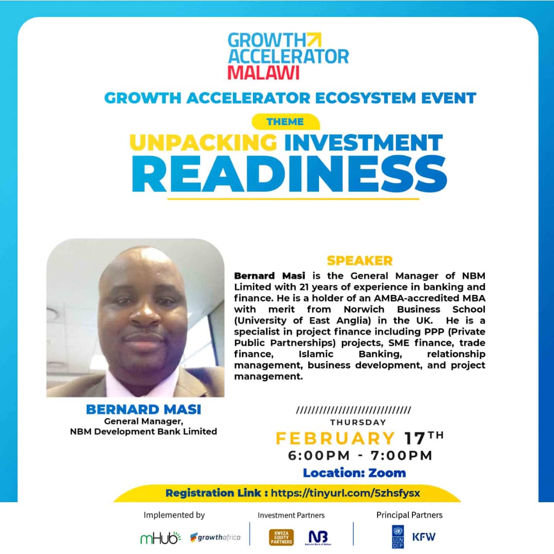 mHubMW's tweet photo. MEET THE SPEAKERS!!!!!

Introducing the speakers of the Ecosystem webinar: “Unpacking Investment Readiness”

The webinar is scheduled for Today!  17th February 2022, 6:00 PM to 7:00 PM

Register in advance using the link below:
https://t.co/Hdx9LJ3yoW

@undpmalawi @GrowthAfrica https://t.co/ulSL8Brt2n