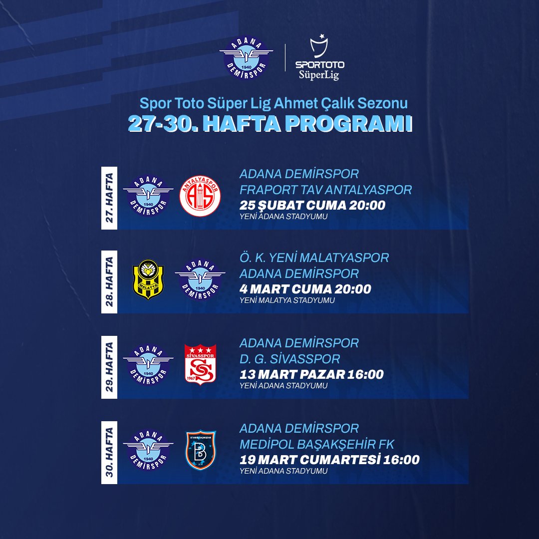 🗓️Spor Toto Süper Lig Ahmet Çalık Sezonu 27, 28, 29 ve 30. hafta programı açıklandı.

🔗l24.im/deSQtoI