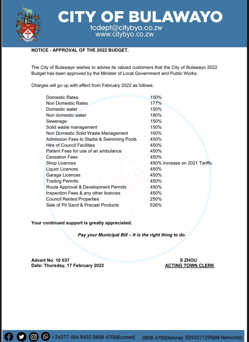 Notice:- Approval of the City of Bulawayo 2022 Budget.