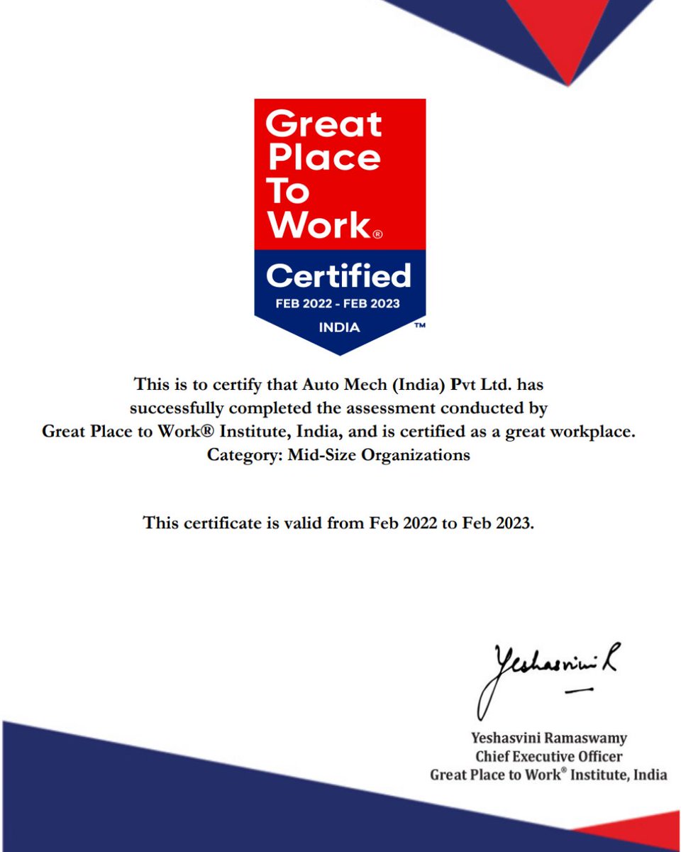 AutomechGlobal's tweet image. We're proud to be certified as a Great Place to Work! 

We take utmost pride when it comes to our colleagues and we always want the best for them, workplace being just 1 of the many factors! 

#GreatPlacetoWork #Automech #India #Global