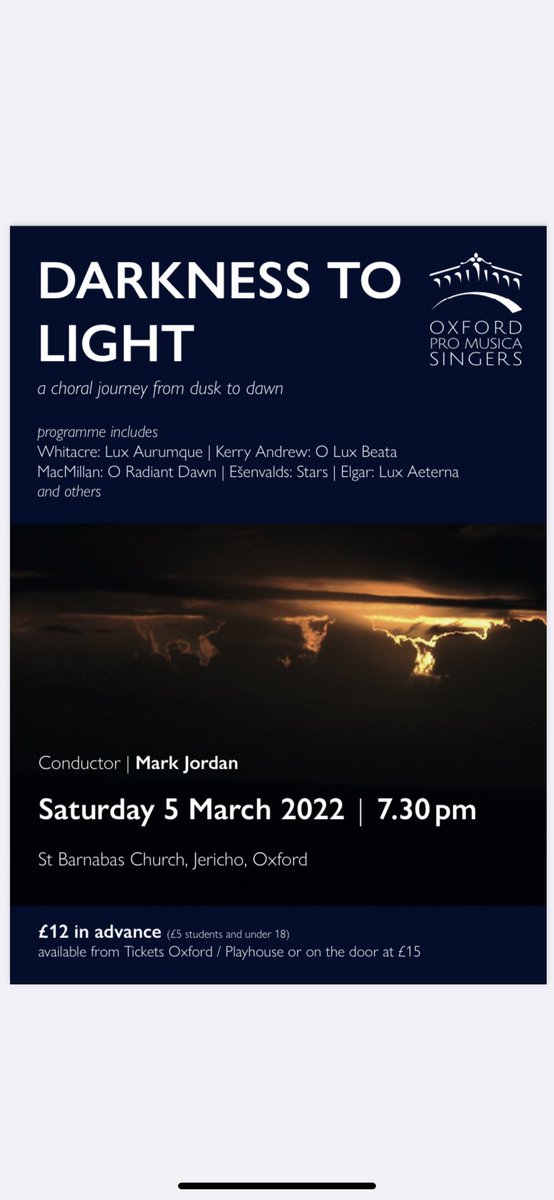 Glorious music, glorious @SBarnabasOxford Your ticket to glory @TicketsOxford Join us as we move from Darkness To Light with Elgar, @jamesmacm @EricWhitacre Ēriks Ešenvalds, Annabelle Rooney, Kerry Andrew, Wilbye and more. 5th March.