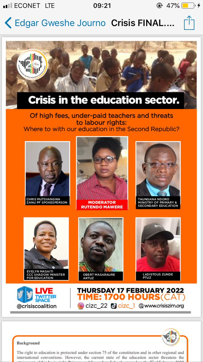 What questions do you want answered with regards to the crisis in the  public education sector? Join <a href="/crisiscoalition/">Crisis in Zimbabwe Coalition</a> and come up with solutions that will ensure that the right to education is guaranteed to all. <a href="/Sizzle76/">Sizani Weza</a> <a href="/MutsakaFarai/">Farai Mutsaka</a> <a href="/siebertmabeza/">farai mabeza</a> <a href="/ShawnMatiashe/">Farai Shawn Matiashe</a> <a href="/mmatenga/">Moses Matenga</a>