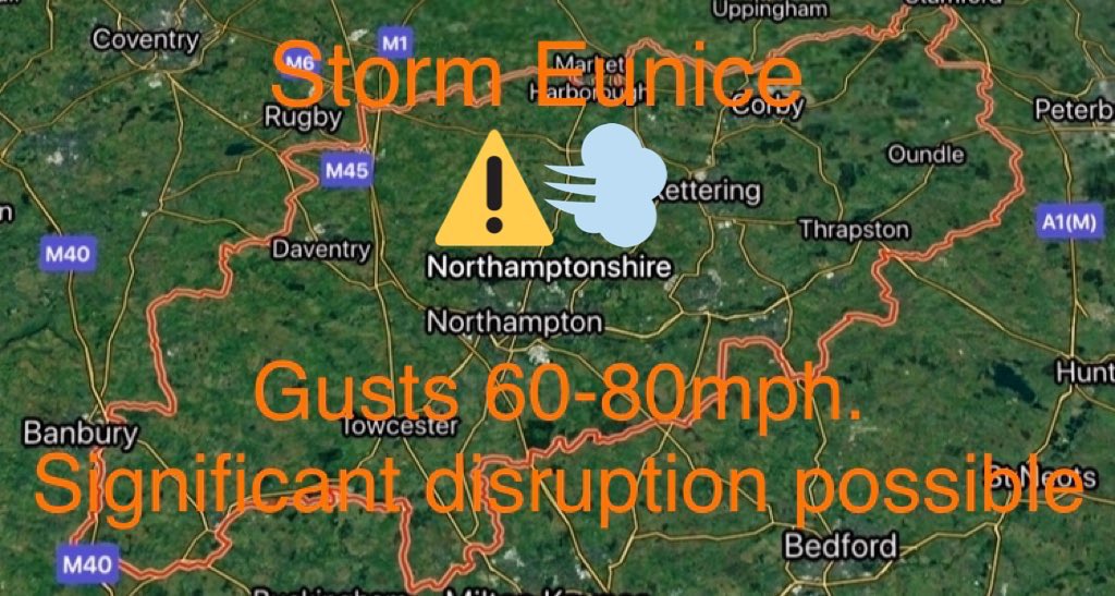 NNweather's tweet image. ⚠️ Potentially dangerous weather in the county tomorrow as #StormEunice arrives.

Winds gusting 60-80mph during the day bring the risk of widespread significant disruption.

A day to stay indoors if you can and avoid unnecessary travel.