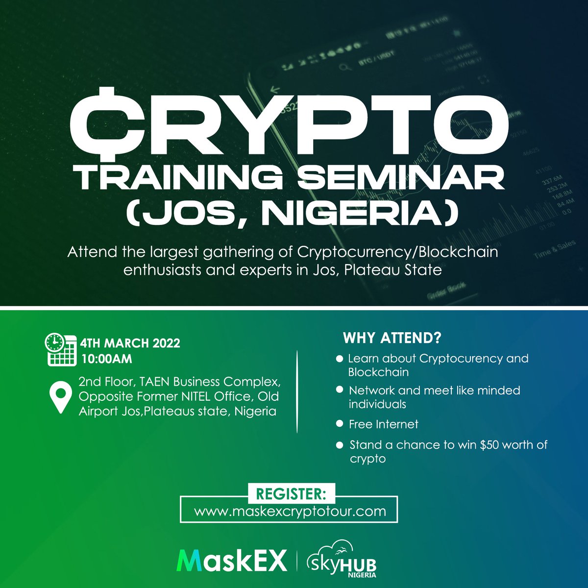 Attend the biggest Crypto Event in Jos & Northern Nigeria. A free to  attend, but registration is required; to register, visit  https://t.co/wHHFI0PCxc ⏰ 10:00 AM ♀️ 2nd Floor, TAEN Biz Complex, Opp