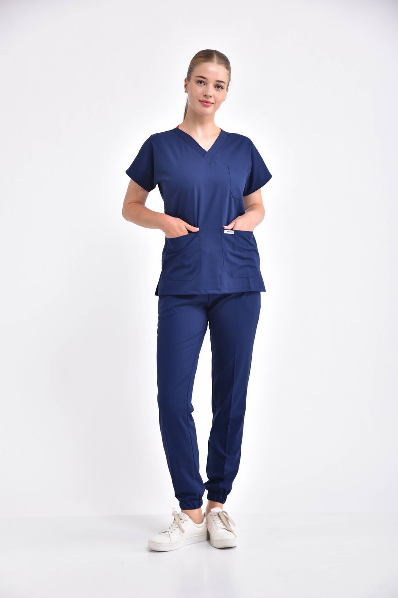 Likralı paça lastikli lacivert cerrahi forma takım