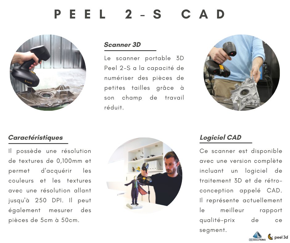 🚀Scanner 3D Peel 2-S de Peel 3D by Creaform

◽Numérisation de petites pièces 
◽Numérisation de pièces entre 5cm et 50cm
◽Résolution de mesure de 0,100 mm
◽Résolution allant jusqu'à 250 DPI
◽Version complète incluant un logiciel de traitement et rétro-conception : CAD